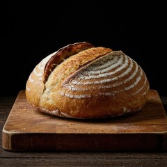 Freshly baked, crusty artisan sourdough bread loaf resting on a rustic wooden cutting board, highlighting golden texture and wholesome preparation ,simple ,sourdough ,brown