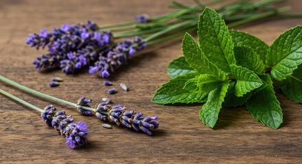Freshly picked aromatic lavender flowers and vibrant green peppermint leaves on a rustic wooden surface for natural remedies and wellness ,soothing ,blend ,aromatherapy