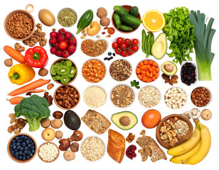 A diverse collection of fresh fruits, vegetables, nuts, grains, and legumes arranged in bowls and on a surface for healthy eating