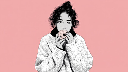 Stylish Line Art of a Woman Eating a Donut