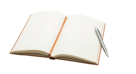 Open blank notebook with brown cover and silver pen, isolated on white background, perfect for writing, journaling, note-taking, planning, and creative ideas, PNG image for office and study use.