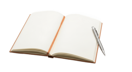 Open blank notebook with brown cover and silver pen, isolated on white background, perfect for writing, journaling, note-taking, planning, and creative ideas, PNG image for office and study use.

