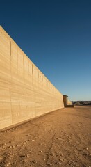 Huge concrete infrastructure of a high dam wall holding back a dwindling water reservoir in a vast, severe arid desert landscape under harsh sunlight ,sand ,hydro ,barrier