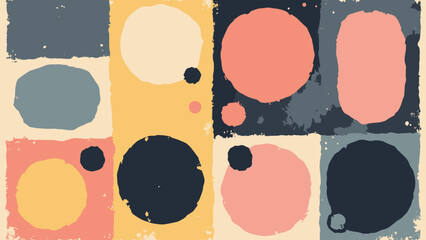 Memphis rounded grid — rounded rectangles in offset grid with drop shadows; palette: slate, pink, lemon, black