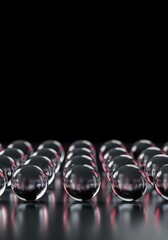 Identical, coordinated arrangement of transparent spheres resting on a smooth, reflective surface, emphasizing precision and empty space ,pure ,surface ,minimalist