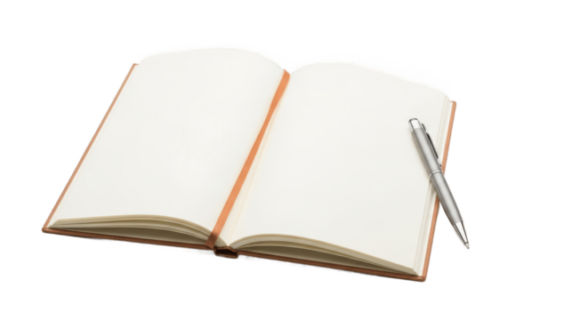 Open blank notebook with brown cover and silver pen, isolated on white background, perfect for writing, journaling, note-taking, planning, and creative ideas, PNG image for office and study use.

