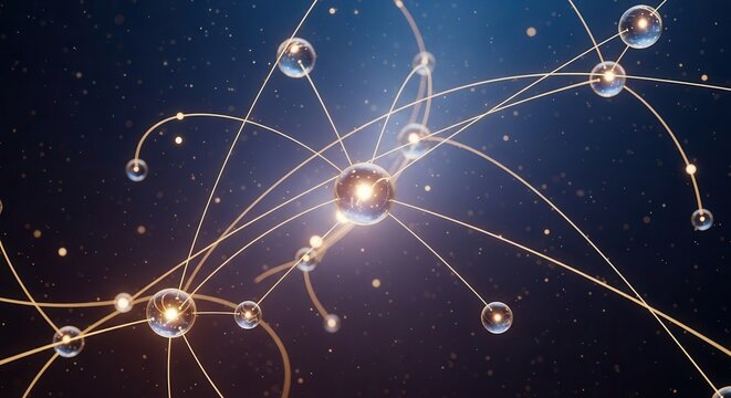 Abstract network connection structure with glowing nodes and lines on dark blue - Powered by Adobe