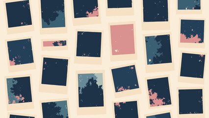 Polaroid frame collage — repeated instant-frame boxes with subtle photo grain; palette: white, pastel backs, film black