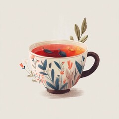 Colorful tea cup on a white background with fresh herbs and floral designs Generative AI