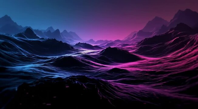 A digital landscape, continuously reshaping with pixelated distortions and transitioning color gradients, synchronized to a dark, throbbing soundwave  