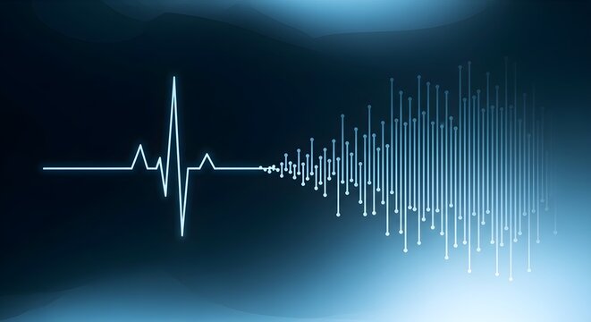 Abstract illustration showing a glowing ECG pulse line transitioning into digital bar graph data points on a dark blue background, symbolizing the conversion of medical health monitoring and vital si