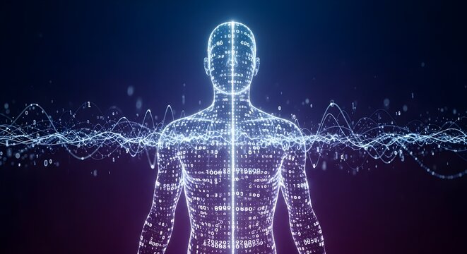 Futuristic visualization of patient statistics, showing a glowing digital human silhouette made of streaming data and numbers, overlaid with pulsing energy waves, representing advanced biometric anal