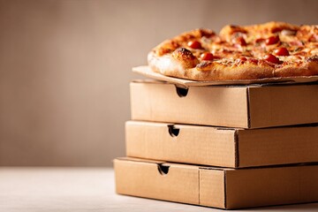 A stack of cardboard boxes with delicious pizza on a white background