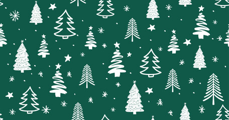 Christmas tree pattern on green background, Hand drawn illustrations.	
