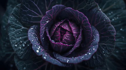 Obraz premium Macro Majesty A Close-Up of a Dew-Kissed Ornamental Cabbage, Revealing Nature's Intricate Beauty