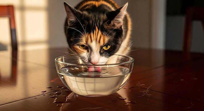 cat drinking water from a glass bowl on a wooden table quenching thirst perfect for illustrating pet care and hydration in domestic life.