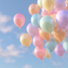 Pastel balloons float gracefully against a light blue sky in a serene scene 