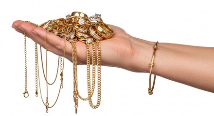 Hand holding Gold jewelry collection Rings, Necklaces, Bracelets, for luxurious fashion