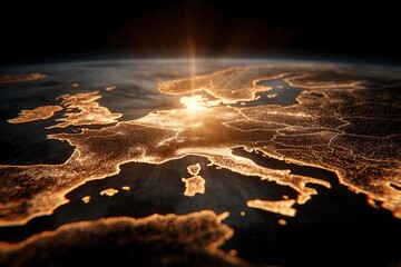 Map of Europe glowing with interconnected lights representing urban areas 