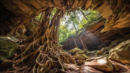 Cave roots, sunlight, nature's artistry