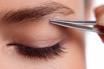 Expertly shaping eyebrows with tweezers for a polished look during a beauty session
