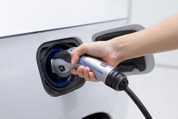 Person connects electric car charger in a minimalist indoor space 