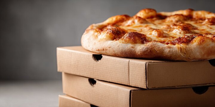 A stack of cardboard boxes with delicious pizza on a white background