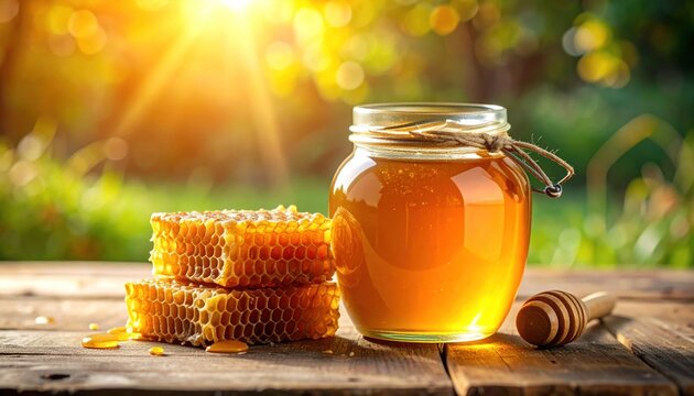 Glass jar filled with golden liquid, honeycombs, and wooden spoon