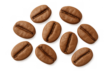 Scattered roasted coffee beans showing their rich brown color, ready for brewing. Transparent background is included