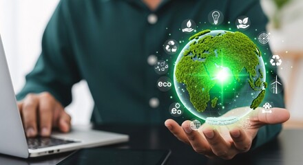 Embracing Sustainable Solutions A Hand Holding the Eco-Friendly Globe with Technology
