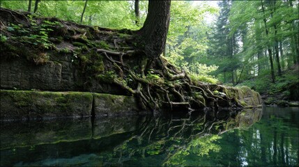 Forest roots reflecting in calm water