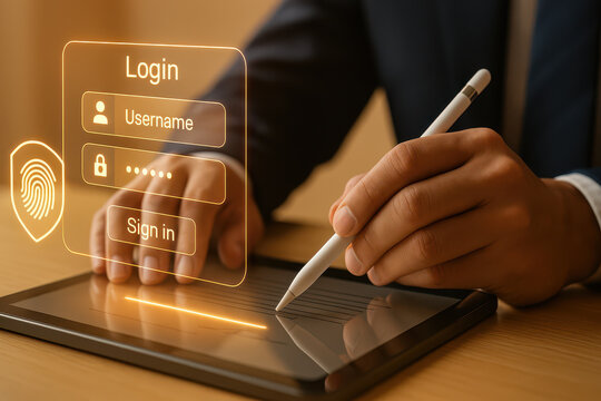 Businessman using tablet to log in, showcasing digital interface with fingerprint icon, emphasizing security and technology in modern workspaces