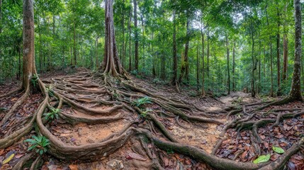 Lush rainforest path with prominent tree roots