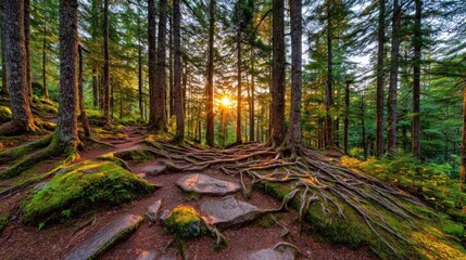 Sunlight streams through a forest, illuminating gnarled roots