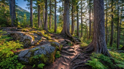 Sunlit forest trail winding through mossy rocks and ancient trees