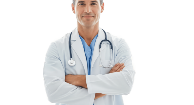 Confident male doctor in white coat with stethoscope, arms crossed, isolated on white background, representing healthcare, professionalism, and medical expertise, PNG image for health and medicine.

