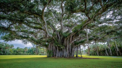 Grand banyan tree, sprawling canopy, lush green lawn