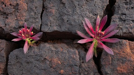 Two vibrant reddish-purple succulents sprout from dark, cracked rock