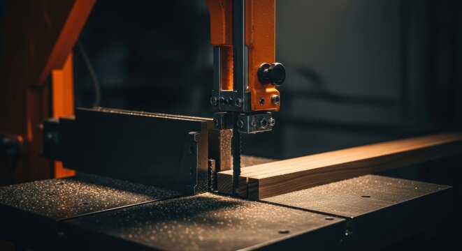 Industrial bandsaw machine cutting a wooden plank. Close up of a vertical saw blade in a carpentry workshop. Woodworking equipment for precision joinery and furniture making