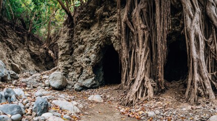 Hidden cave entrance in a jungle