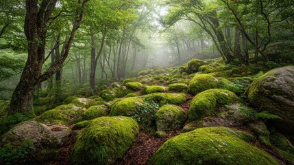 Misty forest path lined with mossy rocks