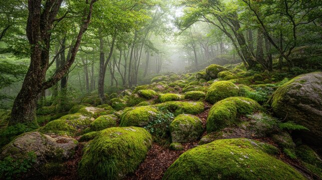 Misty forest path lined with mossy rocks
