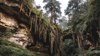 Rocky canyon, lush vegetation, hanging plants