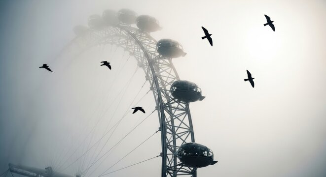 Giant observation wheel with passenger capsules emerging from dense fog. A flock of birds flying in silhouette against the misty sky. Moody urban landmark for travel and tourism concepts - Powered by Adobe