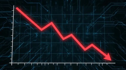 A red arrow graph trends downwards on a futuristic digital grid, symbolizing economic recession and financial crisis - Powered by Adobe