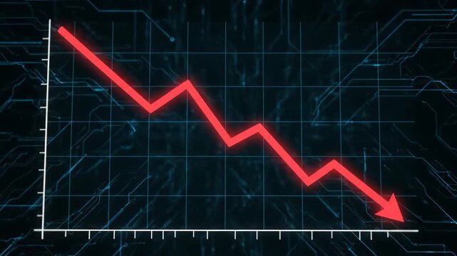 A red arrow graph trends downwards on a futuristic digital grid, symbolizing economic recession and financial crisis