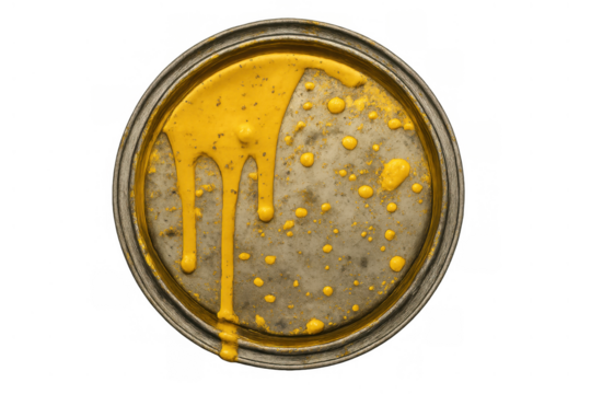Yellow paint spilling and dripping on a metal can lid, creating a messy pattern from top view, transparent background