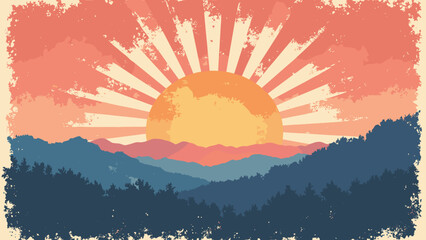 Retro sunburst tapestry — wide sunburst rays with textured halftone and faded edges, palette: coral, gold, navy