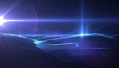Futuristic digital landscape with bright celestial flares and light trails