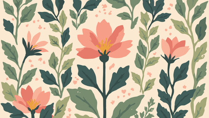 Retro floral geometric — stylized geometric flowers arranged in a lattice, palette: olive, rose, cream